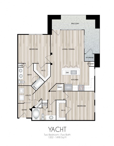 Floor plan for 2 beds, 2 baths, 1429 sqft